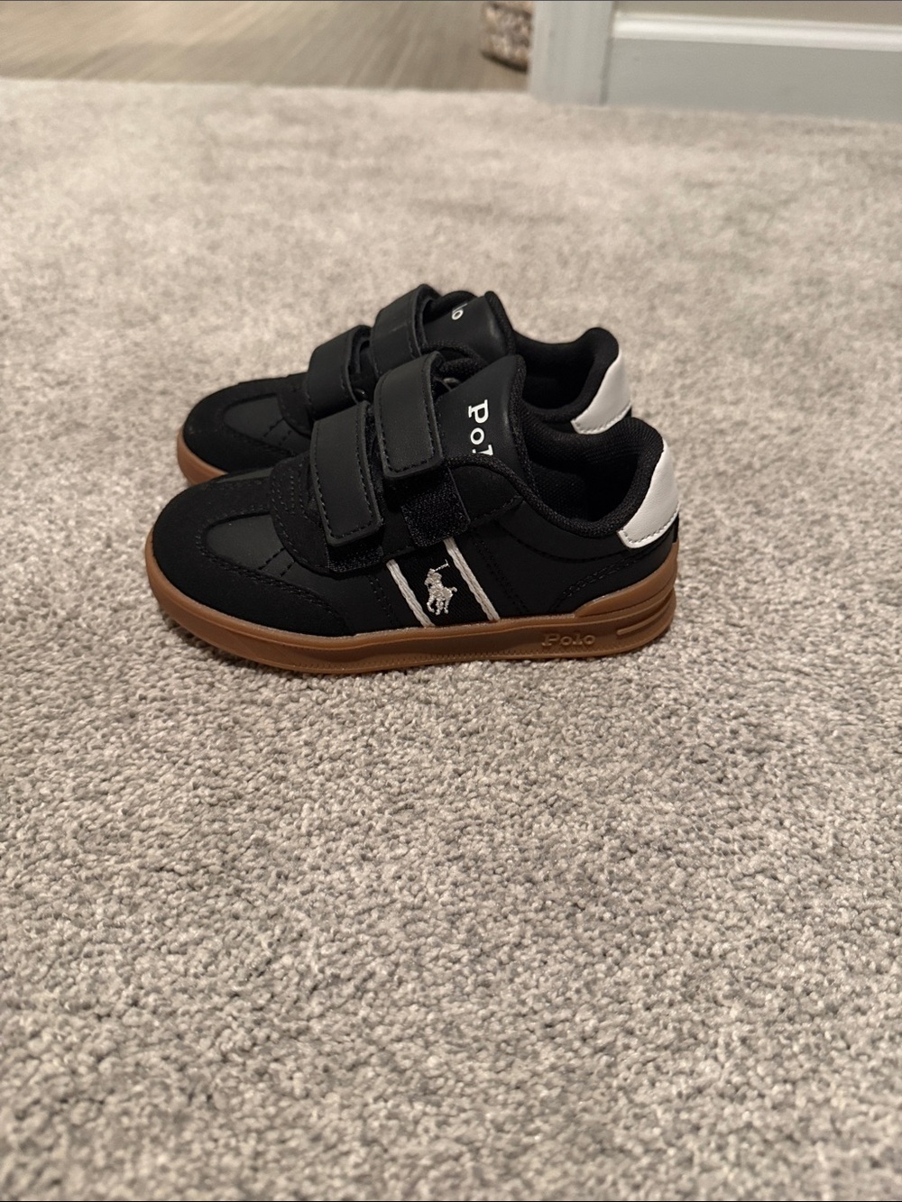 Polo by Ralph Lauren Black & White Kids Velcro Sneakers with Gum Sole